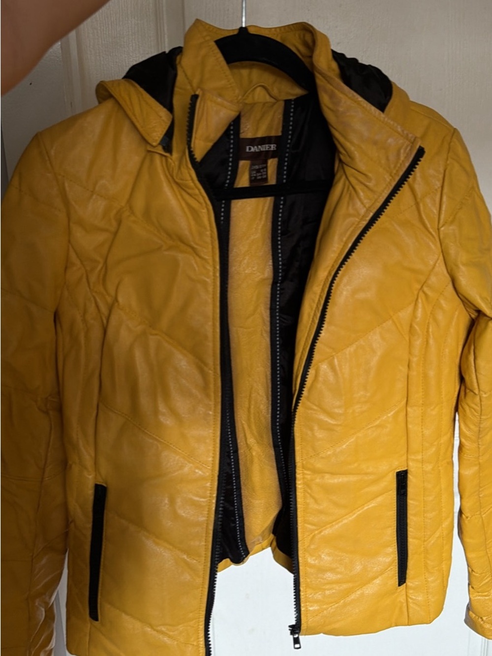 Danier Yellow Quilted Leather Puffer Jacket with Black Trim